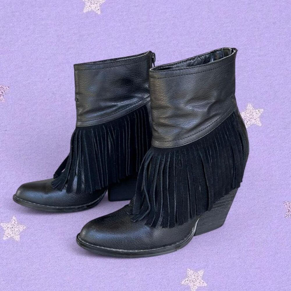 Black leather fringe boots